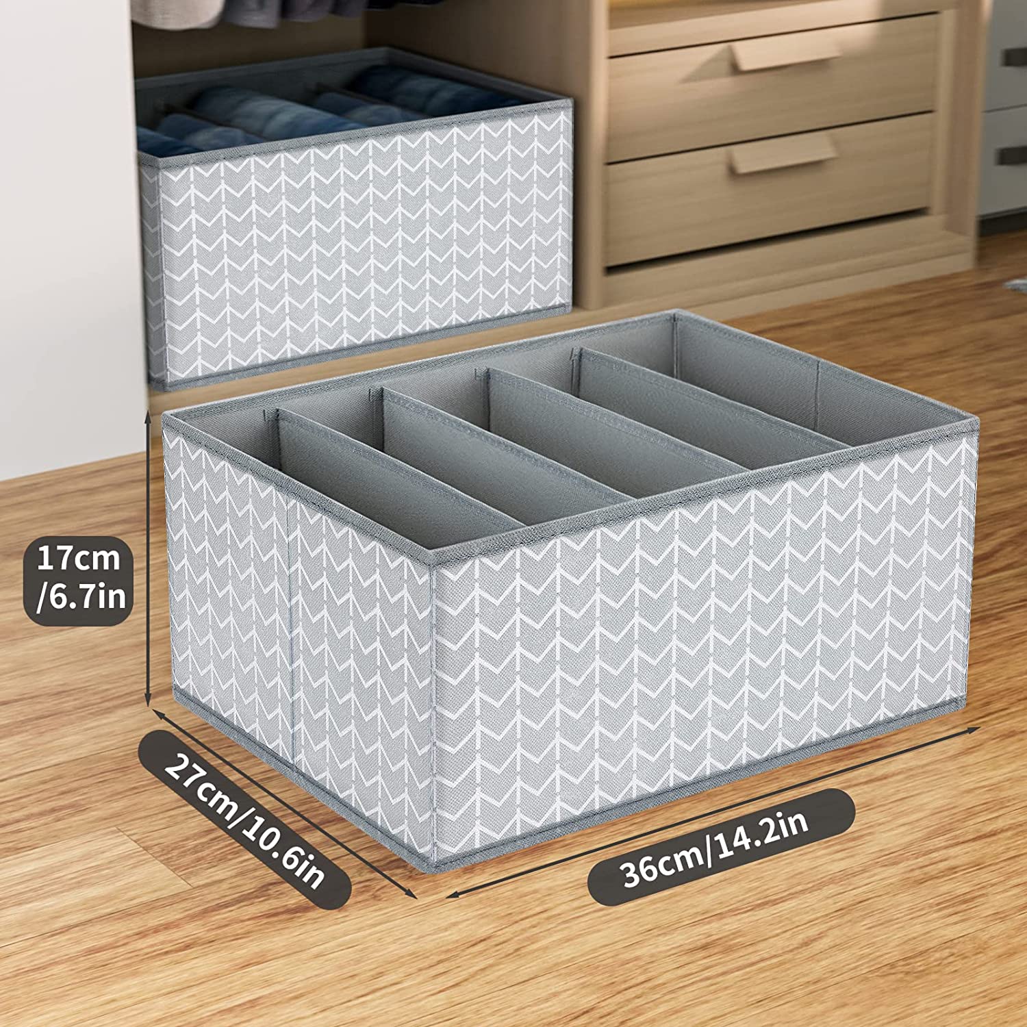 DIMJ Drawer Organizers for Clothing, Fabric Clothes Organizer with Cardboard, 5 Grids Drawer Dividers for Clothes, Jeans, Skirts, Wardrobe, Closet, Drawer, 2 Packs, Grey and White