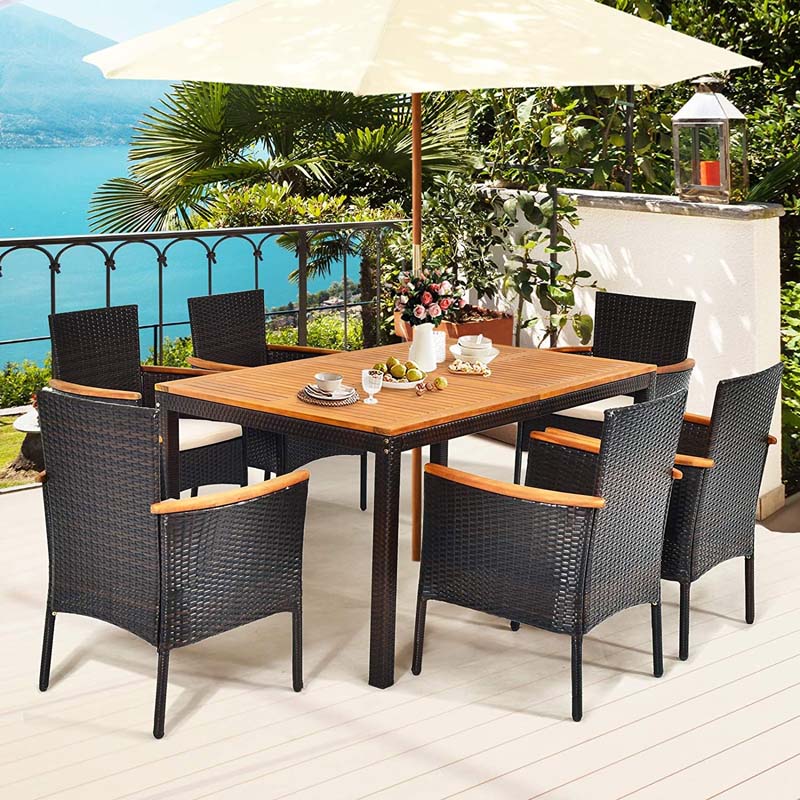 7 Pcs Rattan Patio Dining Set with Umbrella Hole, Acacia Wood Tabletop & Cushioned Stackable Armchairs