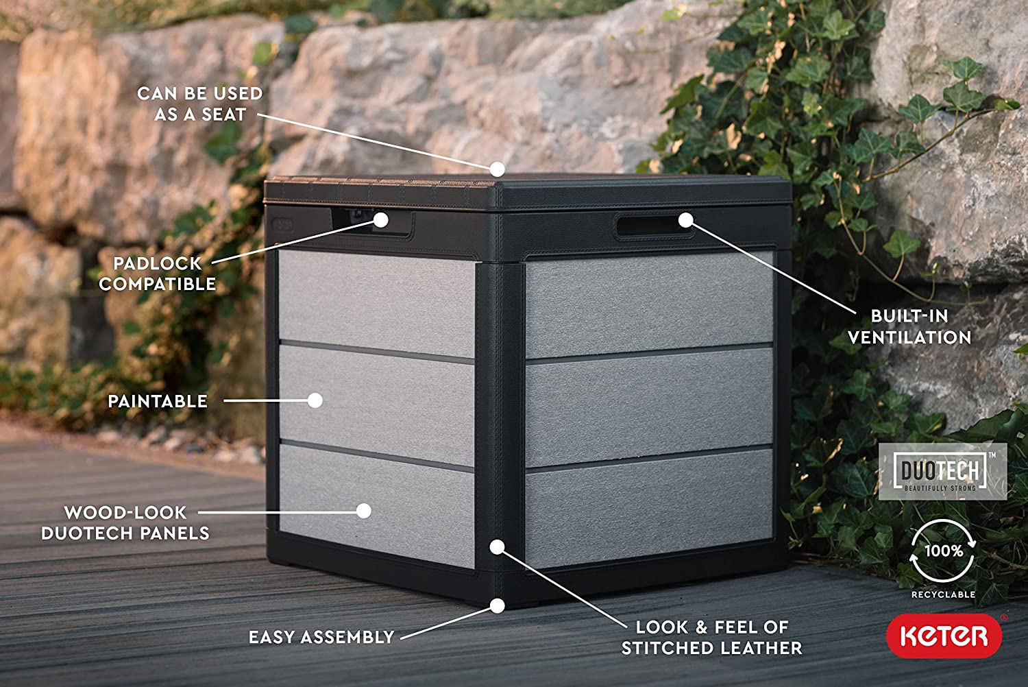 Keter Denali 30 Gallon Resin Deck Box for Patio Furniture， Pool Accessories， and Storage for Outdoor Toys， Grey/Black