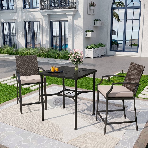 3pc Outdoor Set With Stools Cushions amp Square Metal Table With Umbrella Hole Captiva Designs