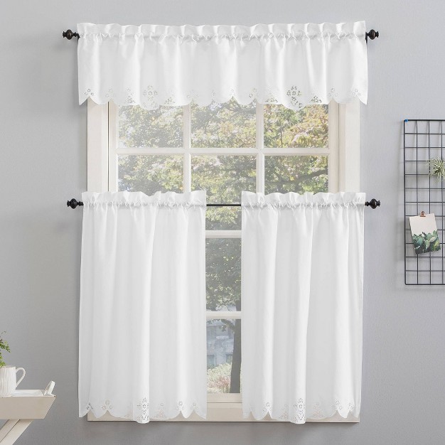 Mariela Floral Trim Semi sheer Rod Pocket Kitchen Window Valance And Tiers Set White No 918