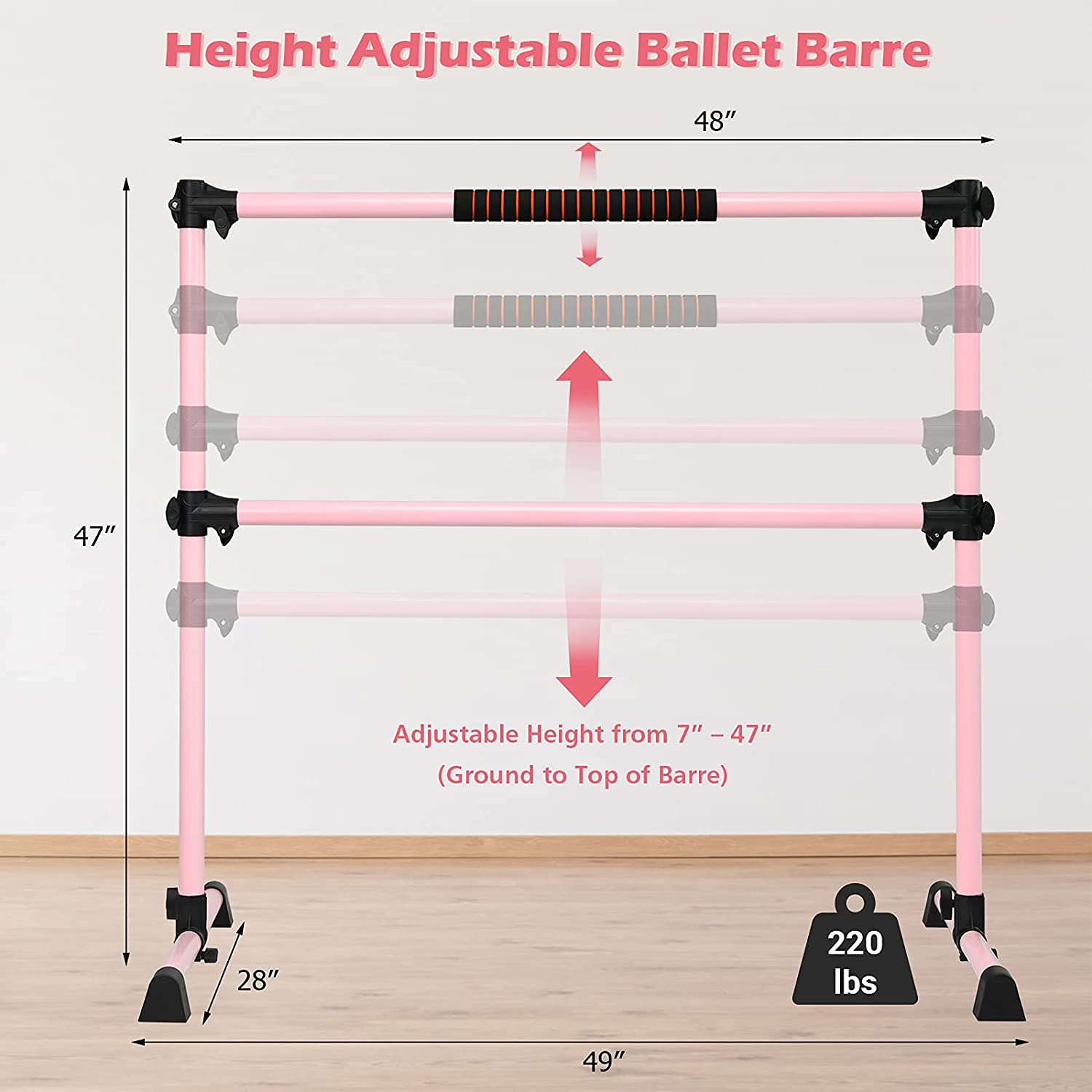 Costzon Ballet Bar, 4ft Freestanding Double Ballerina Bar with Adjustable Height, Heavy Duty Dancing Bar w/Foam Pads