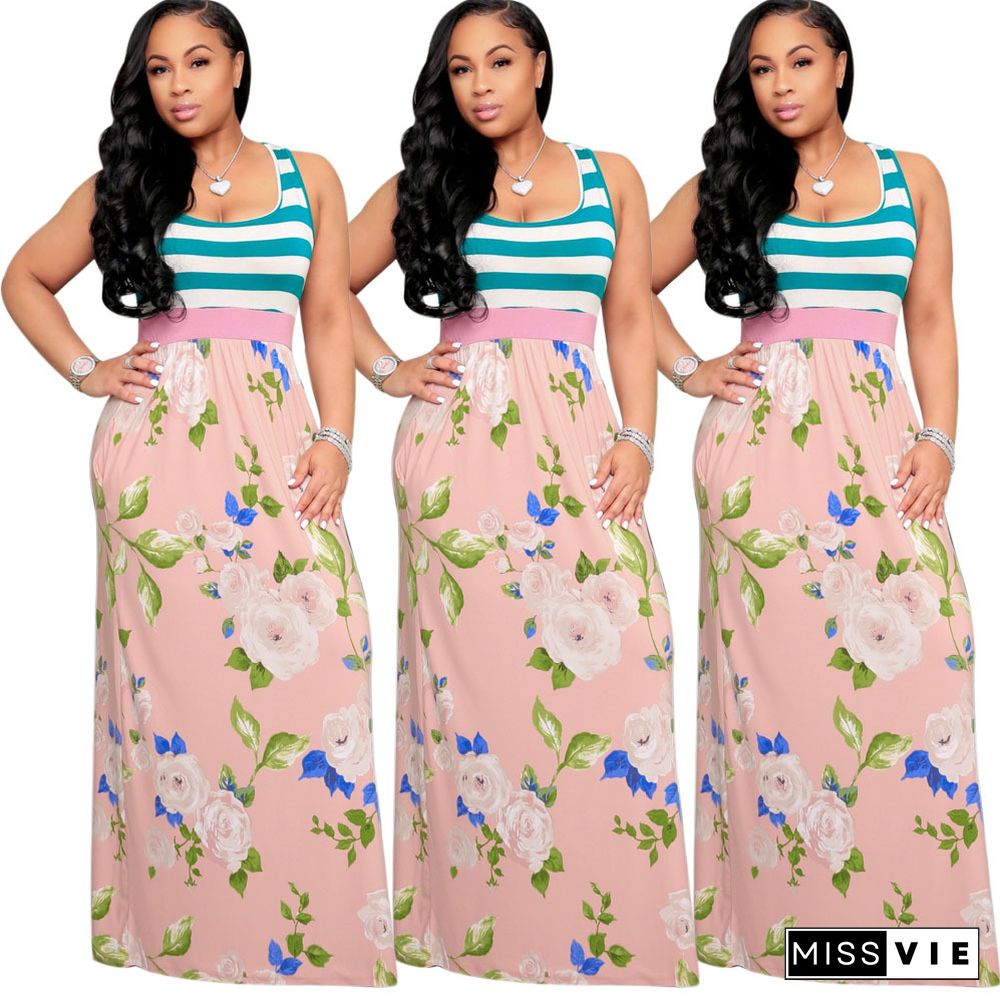 Summer Clothing Patchwork Floral Print Sleeveless High Waist Women Casual Streetwear Maxi Long Dress