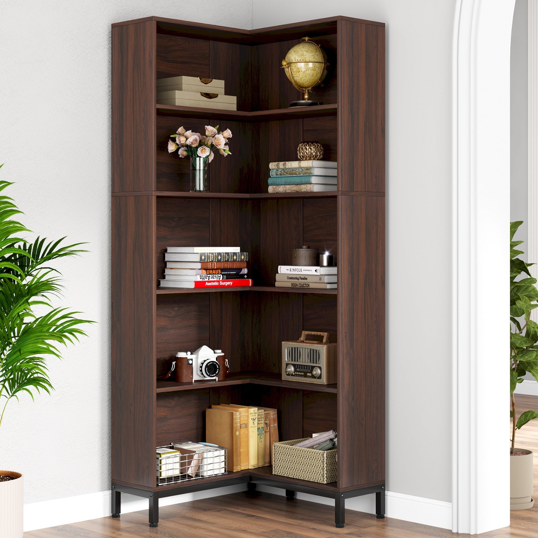 6-Tier Corner Bookcase, 71 inch L-Shaped Etagere Bookshelf