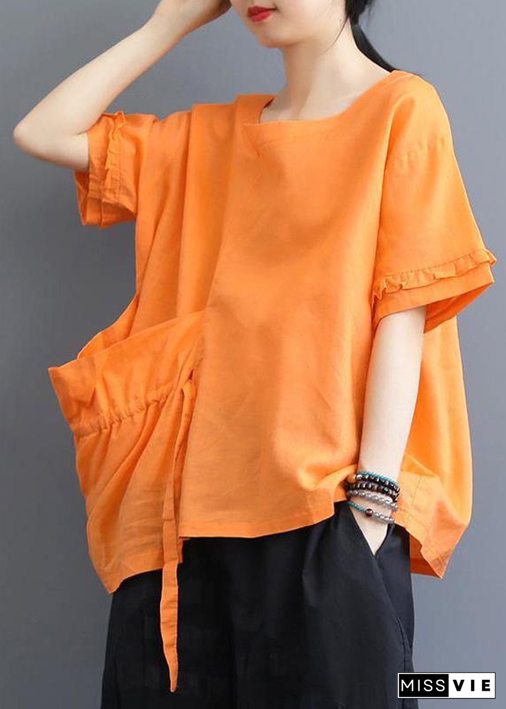 Handmade cotton clothes fine Single Big Pocket Lacing Solid Color T-Shirt