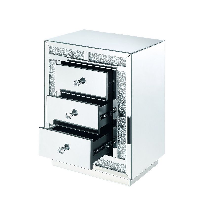 Mirrored Wooden Night Table with Flat Base and 3 Drawers， Silver