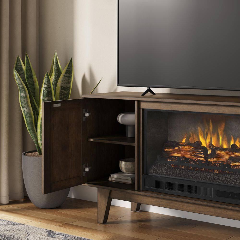 SCOTT LIVING ROSALIE 65 in Freestanding Media Console Wooden Electric Fireplace in Warm Brown Birch