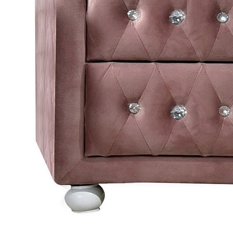 Rex 17 Inch Modern Upholstered Nightstand， 2 Drawer， Crystal Handles， Pink