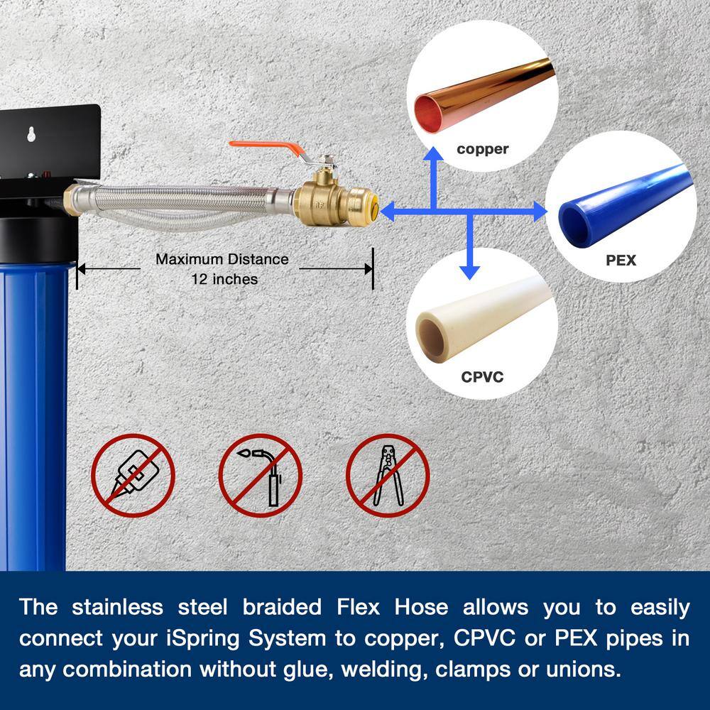 ISPRING 3-Stage Whole House Water Filtration System w 34 in. Push-Fit Stainless Steel Hose Connectors and Ball Valve WGB32B+AHX2