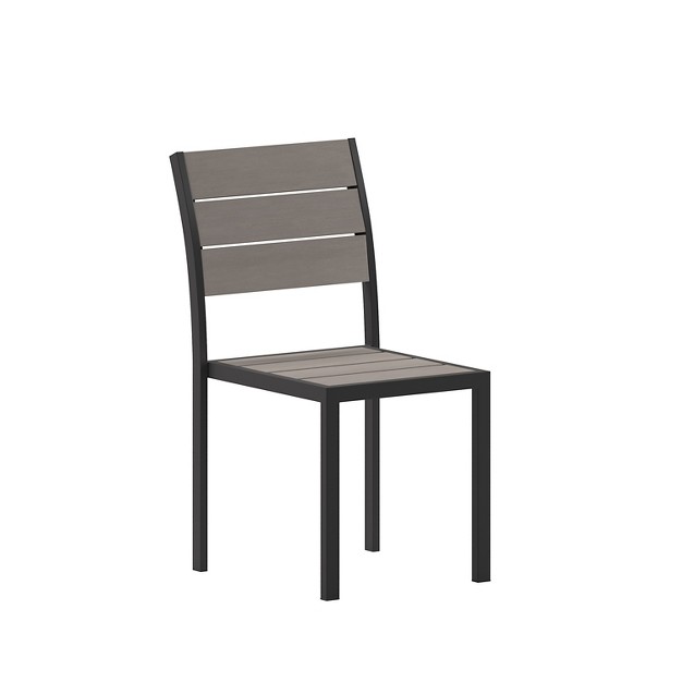 Emma And Oliver Outdoor Stacking Side Chair With Faux Teak Poly Slat Seat Back And Arms And Metal Frame