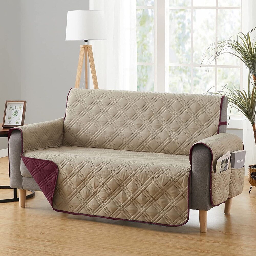 Teflon Newfield Reversible Love Seat Cover  Burgundy and Tan