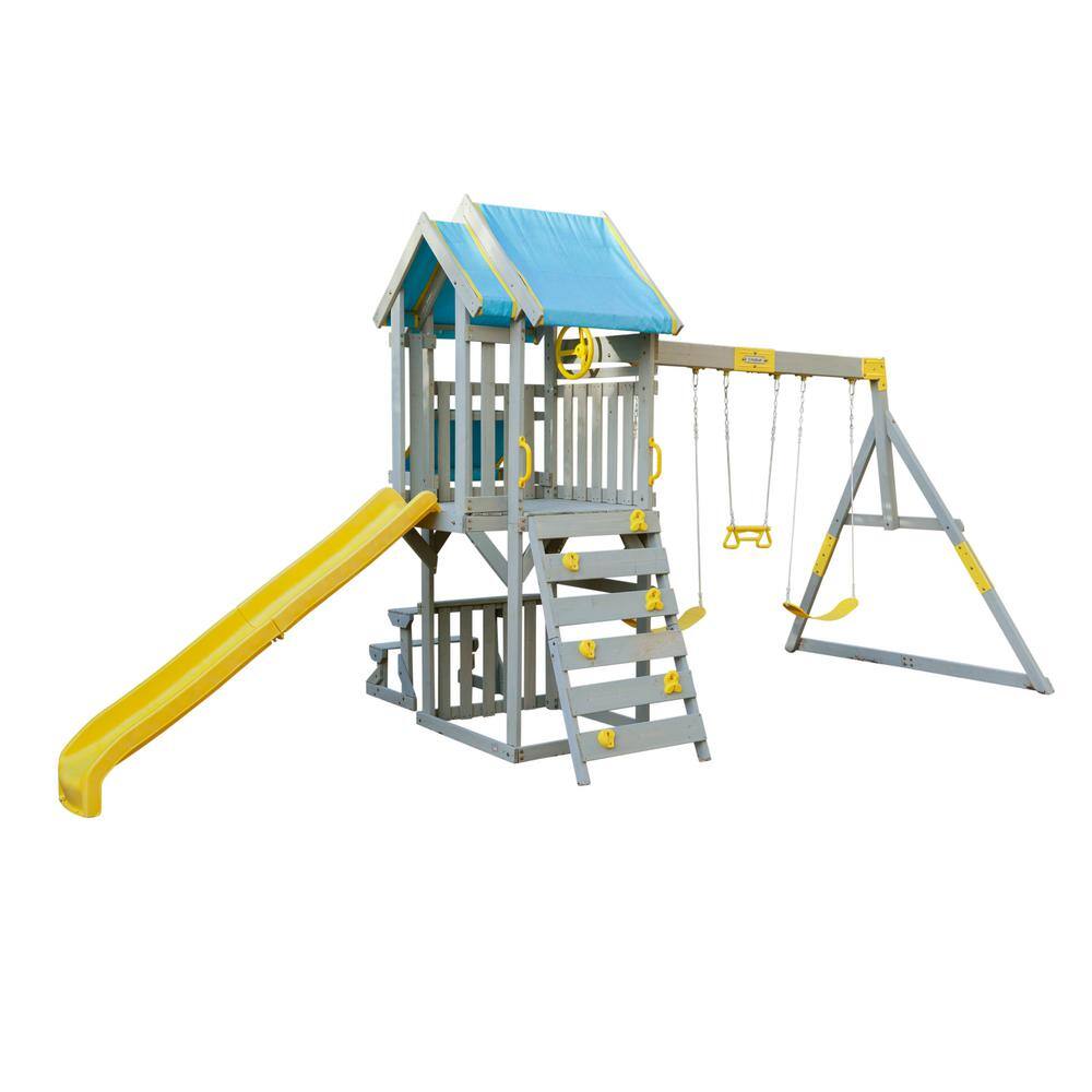 KidKraft Seacove Wooden Playset with Table  Bench Slide and Rock Wall Blue and Yellow F29075