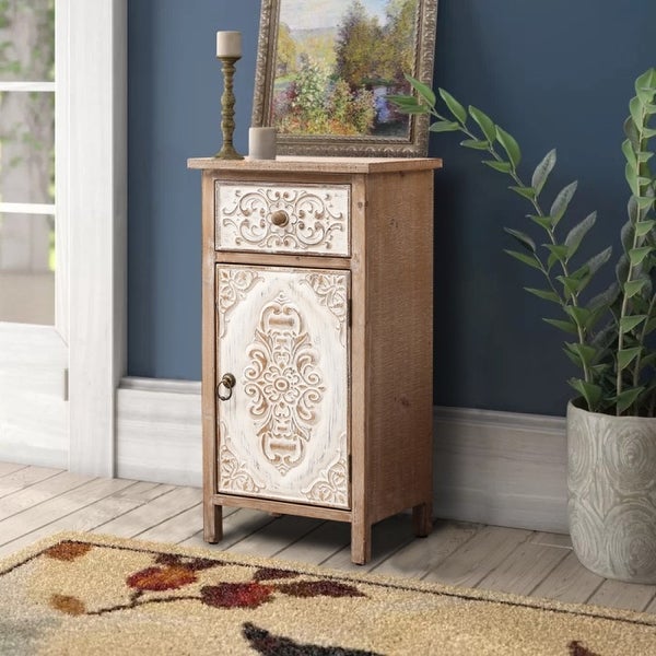 Distressed Floral Carved Wood 1-Door and 1-Drawer End Table with Storage - 30.13