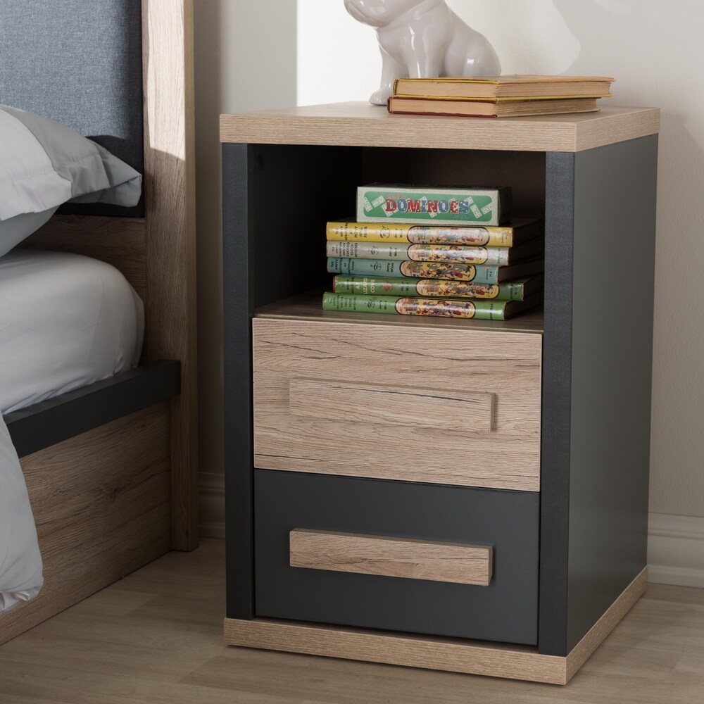 Contemporary Dark Grey and Light Brown Two Tone 2 Drawer Nightstand by Baxton Studio