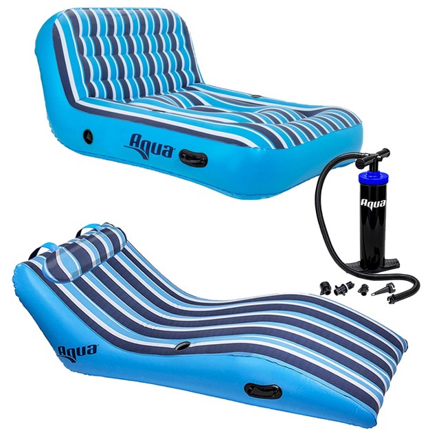 Aqua Ultra Cushioned Comfort Lounge Inflatable Swimming Pool Float With Pillow amp 2 Person Pool Float Recliner Lounger With Hand Pump Blue