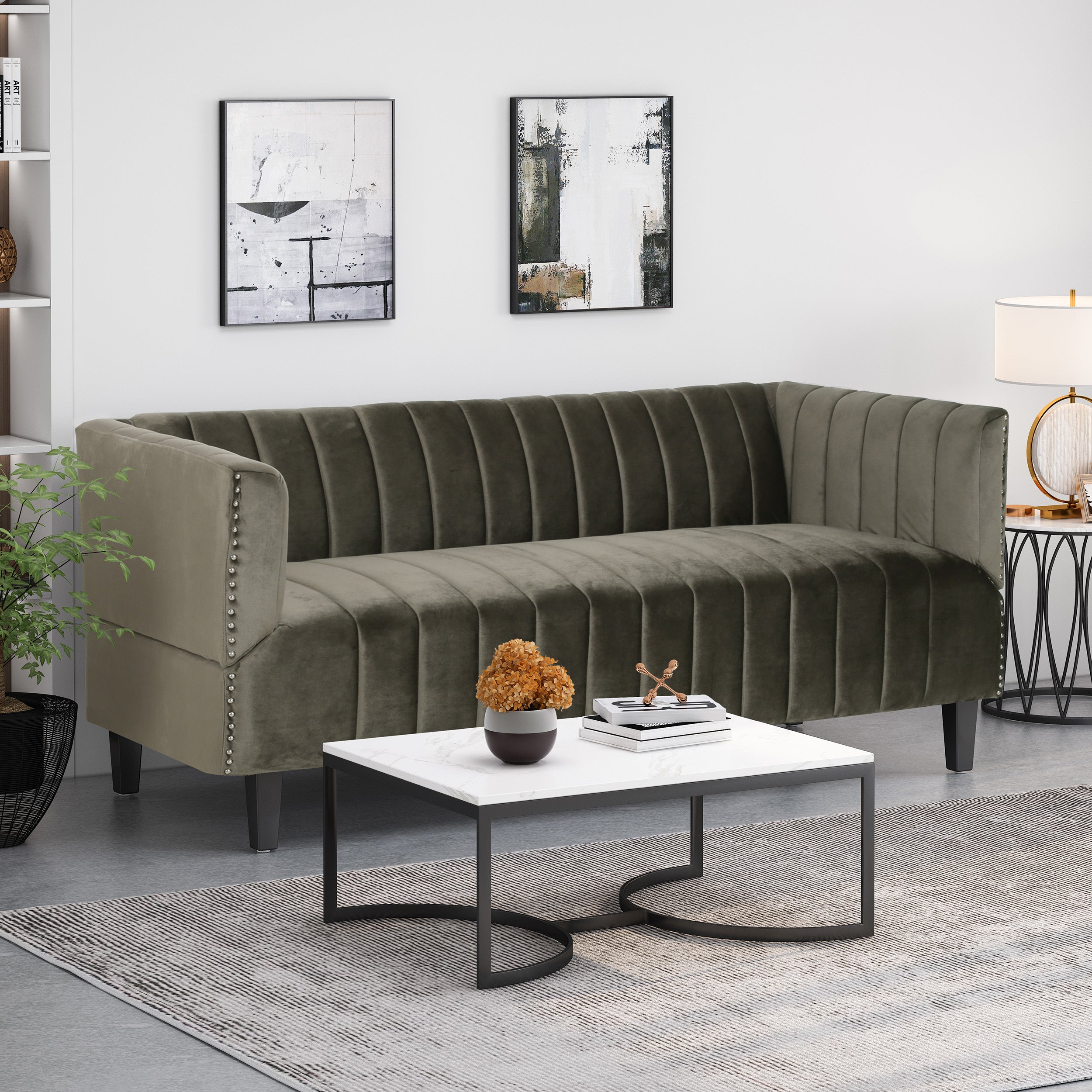 Masie Contemporary Channel Stitch Velvet 3 Seater Sofa