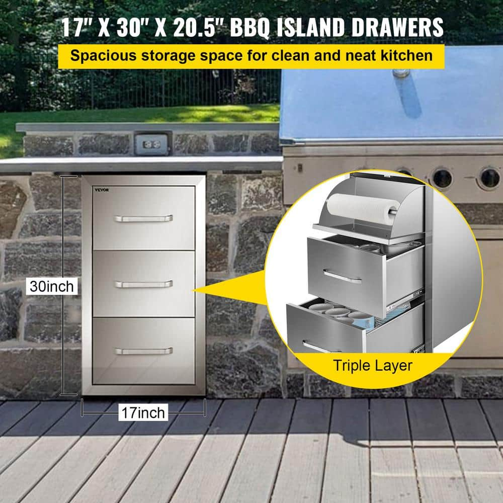 VEVOR Outdoor Kitchen Drawers 17 in. W x 30 in. H x 21 in. D Mount Triple BBQ Drawers with Handle BBQ Island Drawers 30X17YC3CBXGCTG01V0