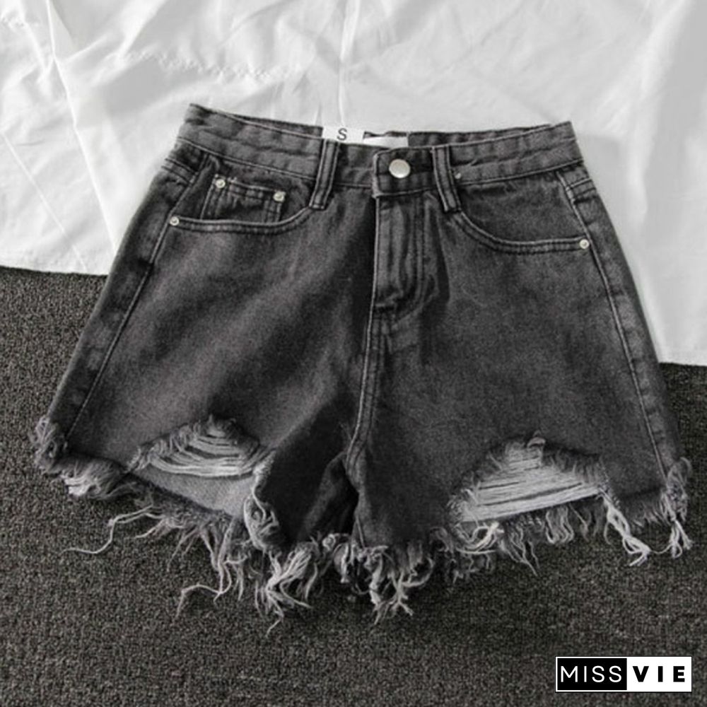 High waist denim shorts women summer new style ripped wide leg shorts with raw edges