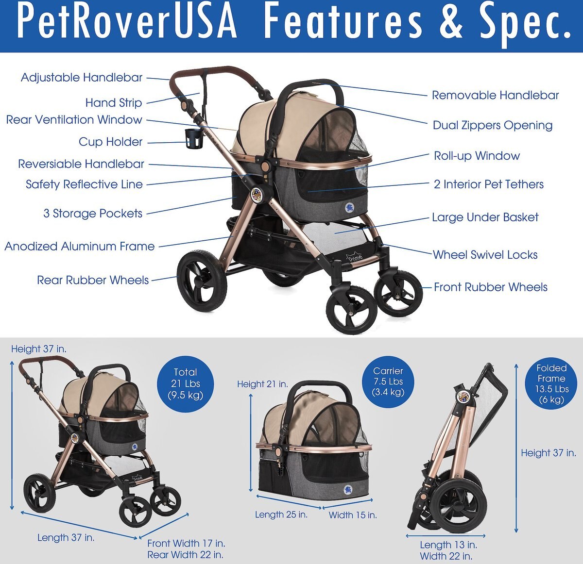 HPZ Pet Rover Luxury Carrier， Car Seat and Pet Stroller