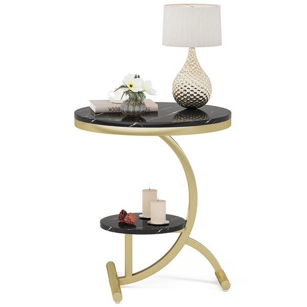 Faux Marble End Table， 2-Tier Round Sofa Side Table with C-Shaped Base Metal Legs，Indoor Plant Stand Modern Small Accent Table