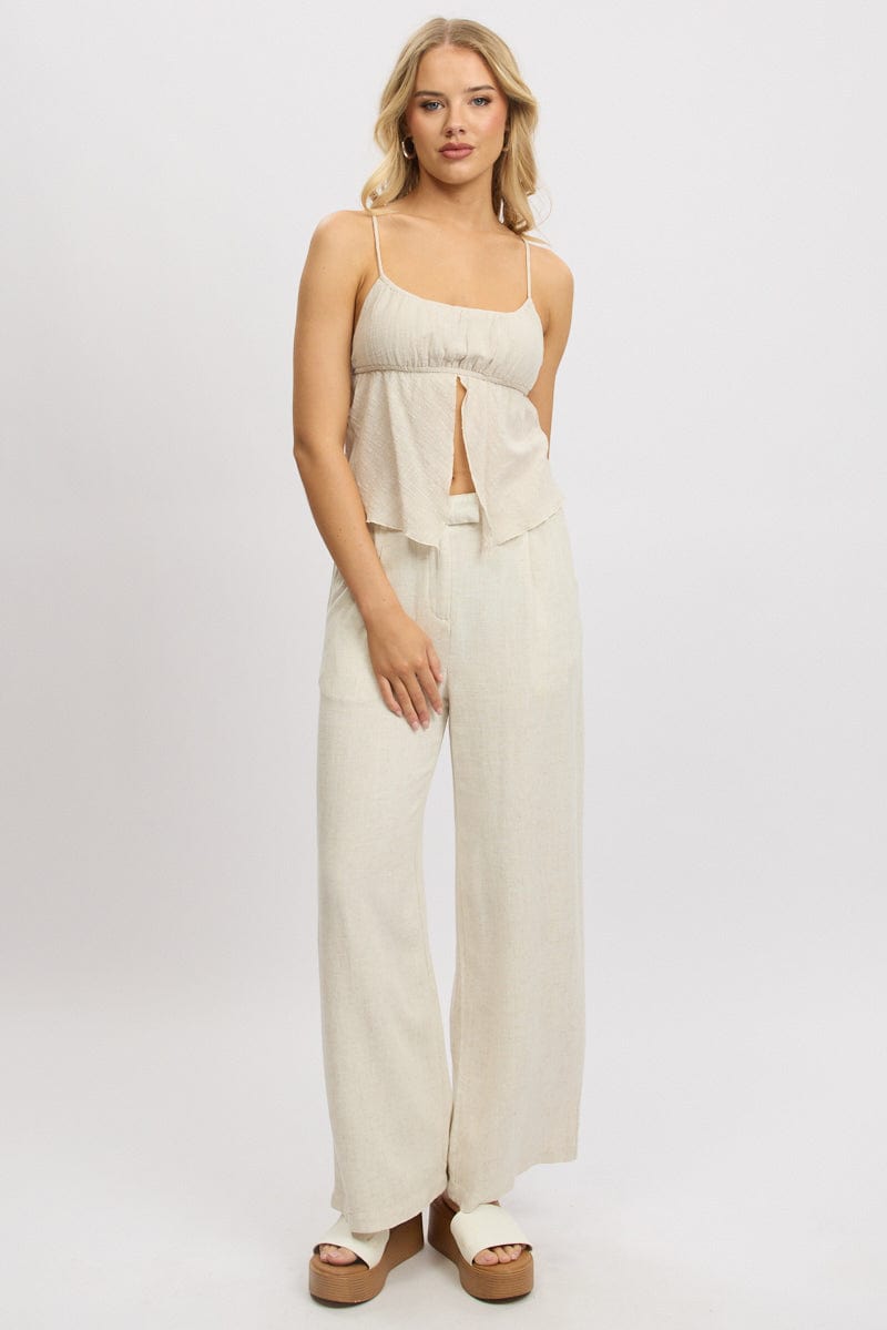 Beige Wide Leg Pants Mid Rise