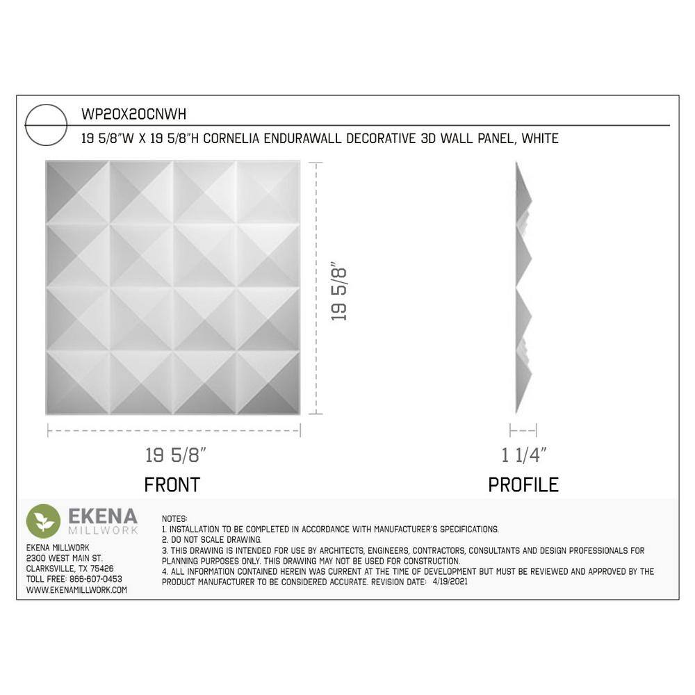 Ekena Millwork 19 58W x 19 58H Cornelia EnduraWall Decorative 3D Wall Panel Covers 53.49 Sq. Ft. (20-Pack for 53.49 Sq. Ft.) WP20X20CNWH-CASE-20