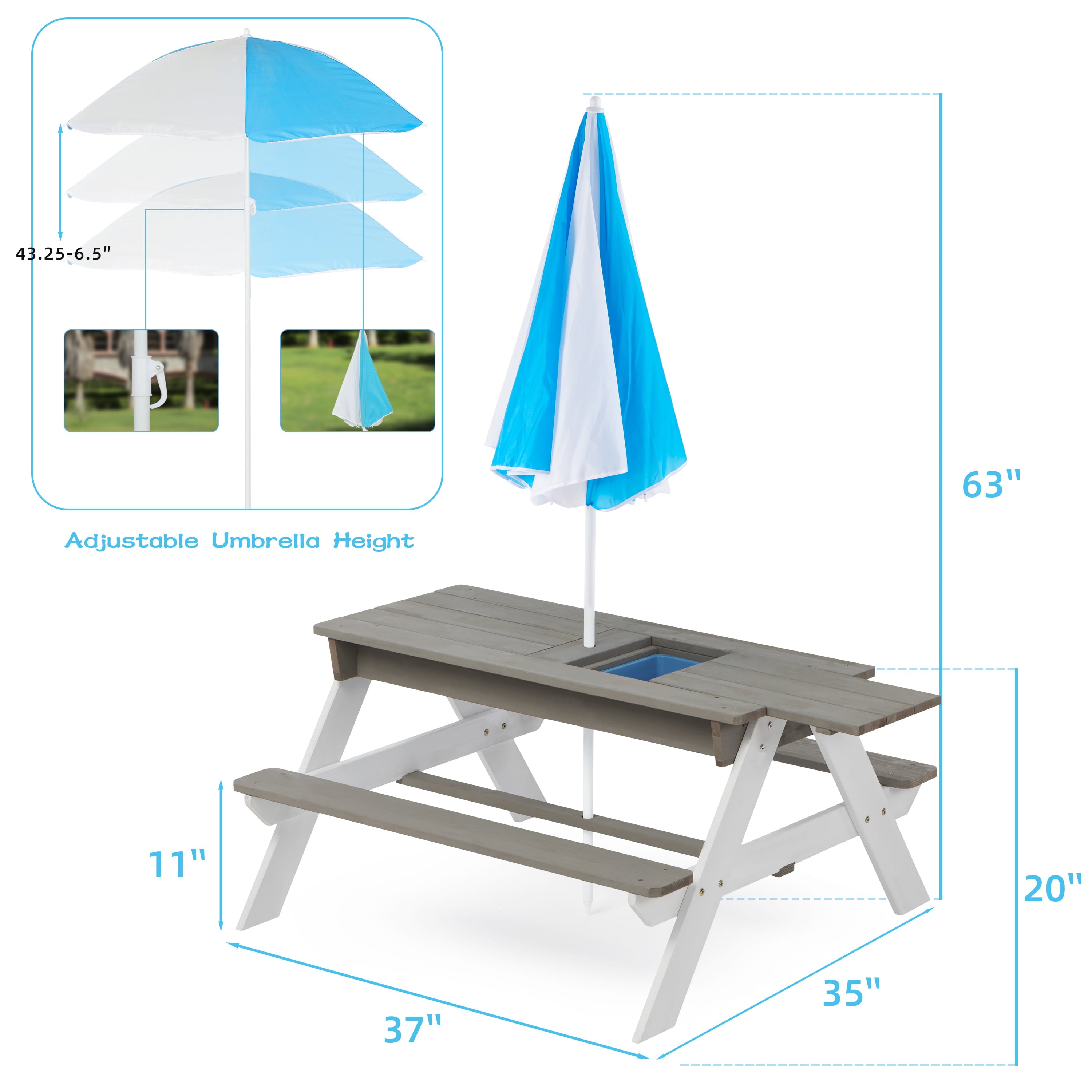 D-road 3-in-1 Kids Outdoor Wooden Picnic Table W/ Umbrella, Convertible Sand & Wate W/ Toys, Gray