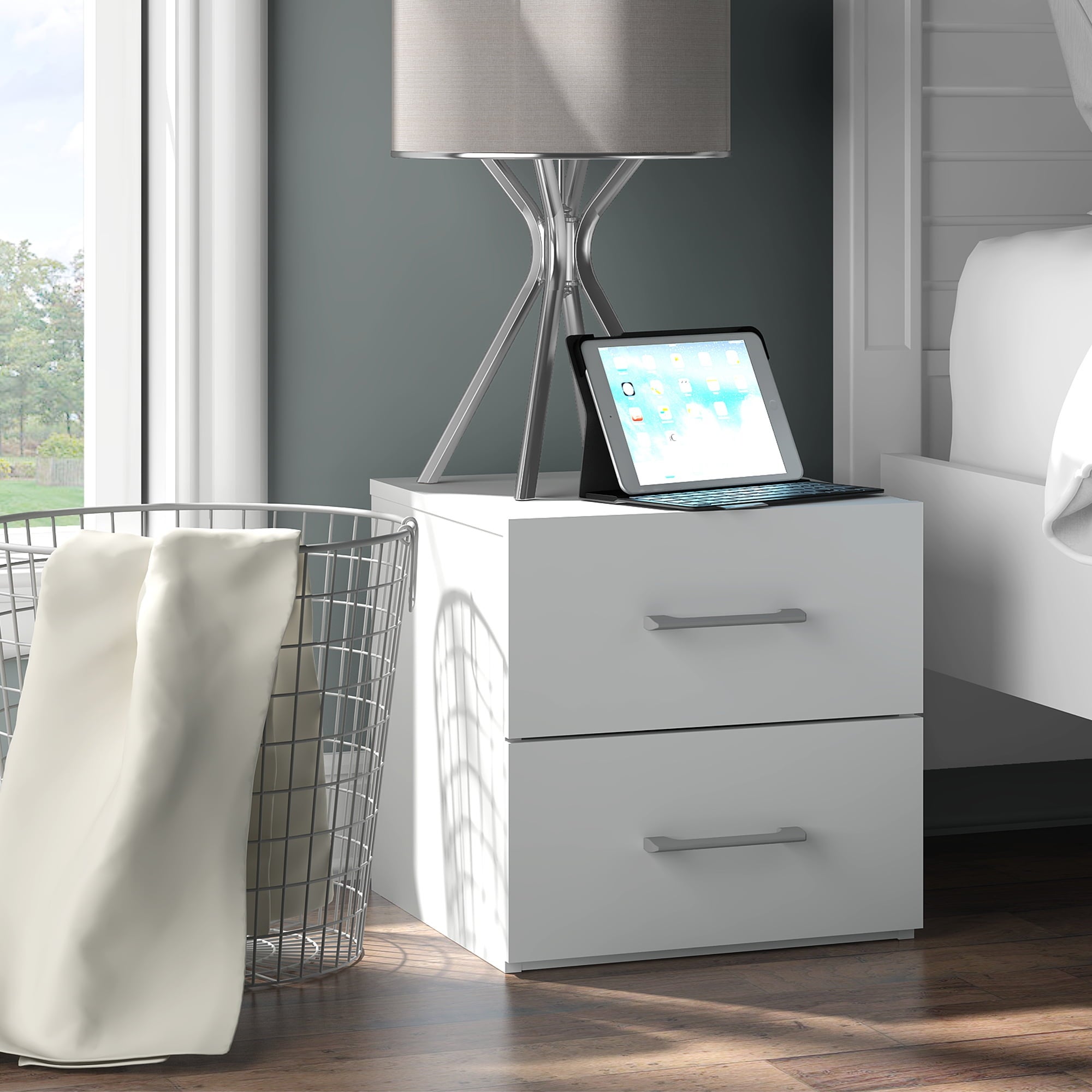 Lundy Low Profile Nightstand with USB， White， by Living Essentials