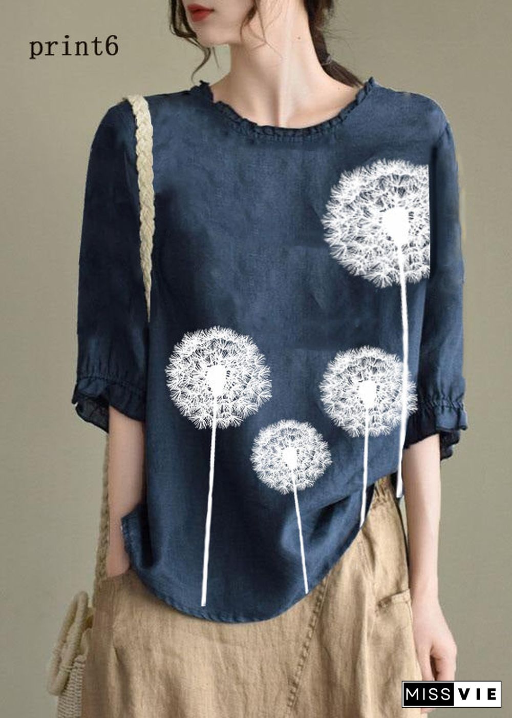 Handmade Navy lantern Sleeve O-Neck Embroideried Summer Ramie Blouses