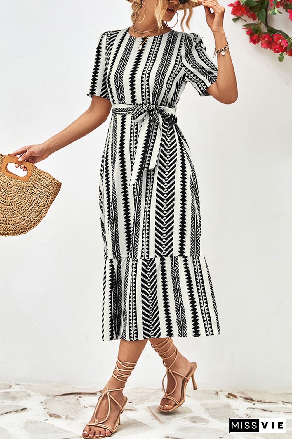 Geometric Striped Maxi Dress With Sash