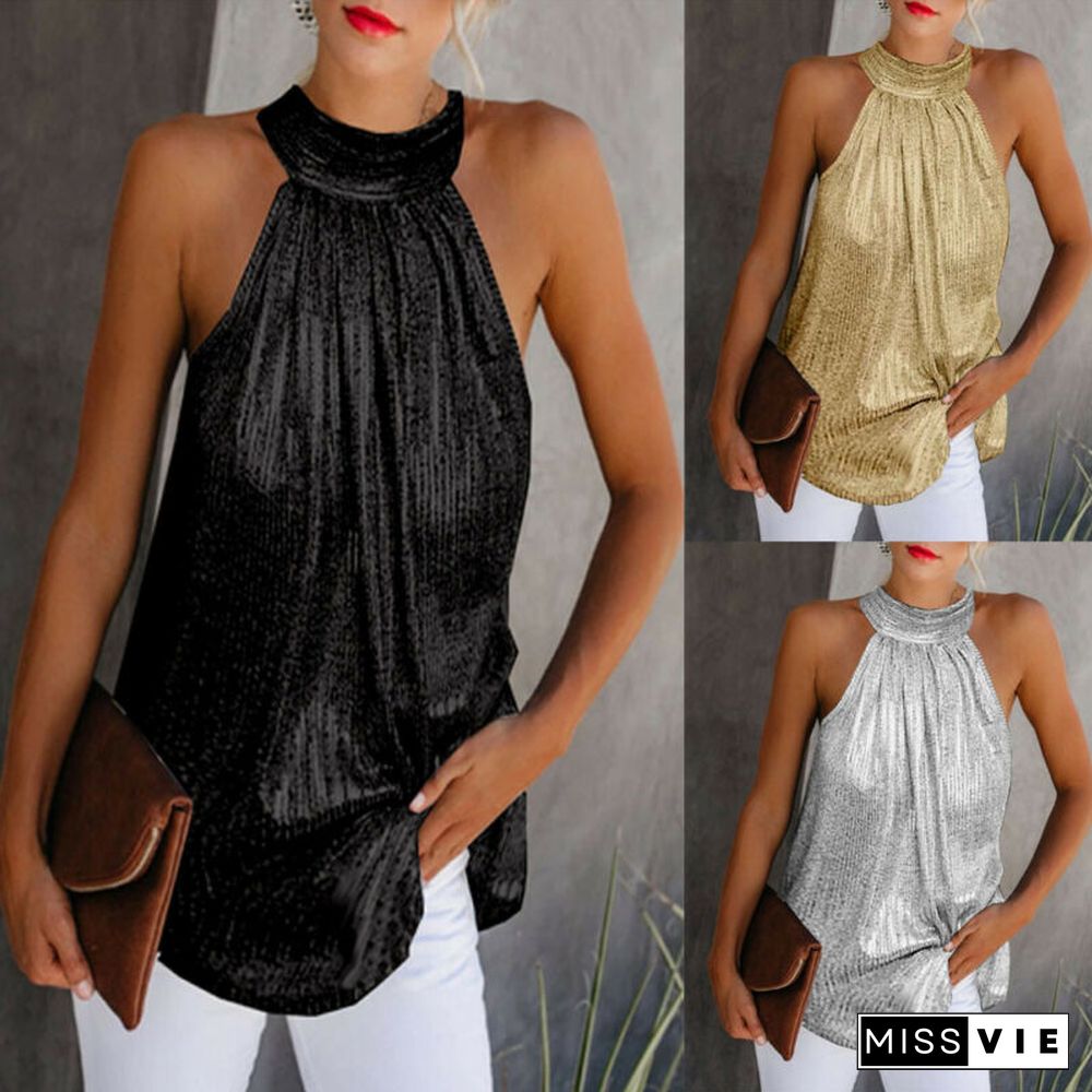 Fashion Womens Halter Neck Tank Tops Ladies Summer Casual Sleeveless Shirt Blouse Vest Sling Sequined Zipper Formal Clothes