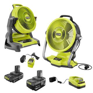 RYOBI ONE+ 18V Cordless Hybrid WHISPER SERIES Misting Air Cannon Fan and Bucket Top Misting Fan Kit w Batteries  Chargers PCL851K-PCL850K1