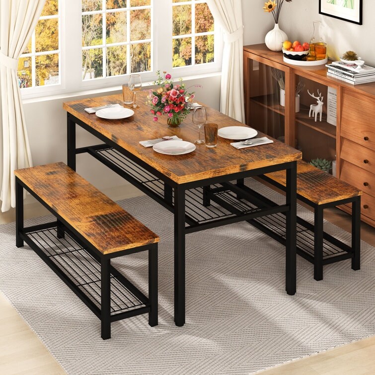 3 Piece Dining Table Set  4   Person Dining Set  Kitchen Dining Table with 2 Benches  Dining Room Table Set with Storage Rack