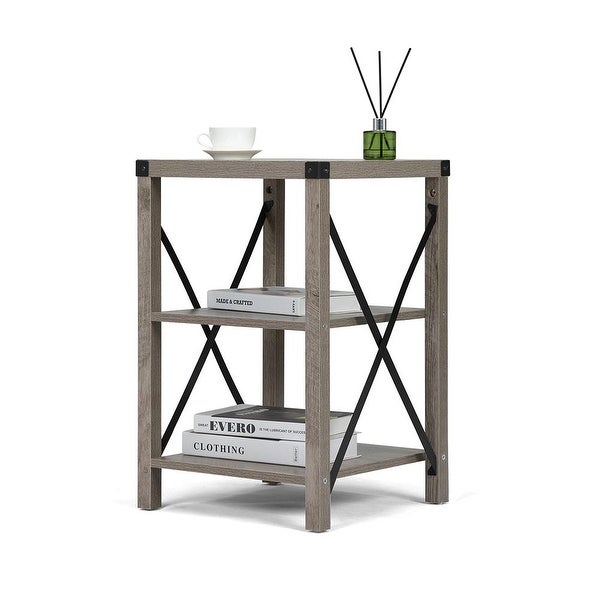 Farmhouse Side Table with 3-Tier Shelf and X-Shaped Metal Support