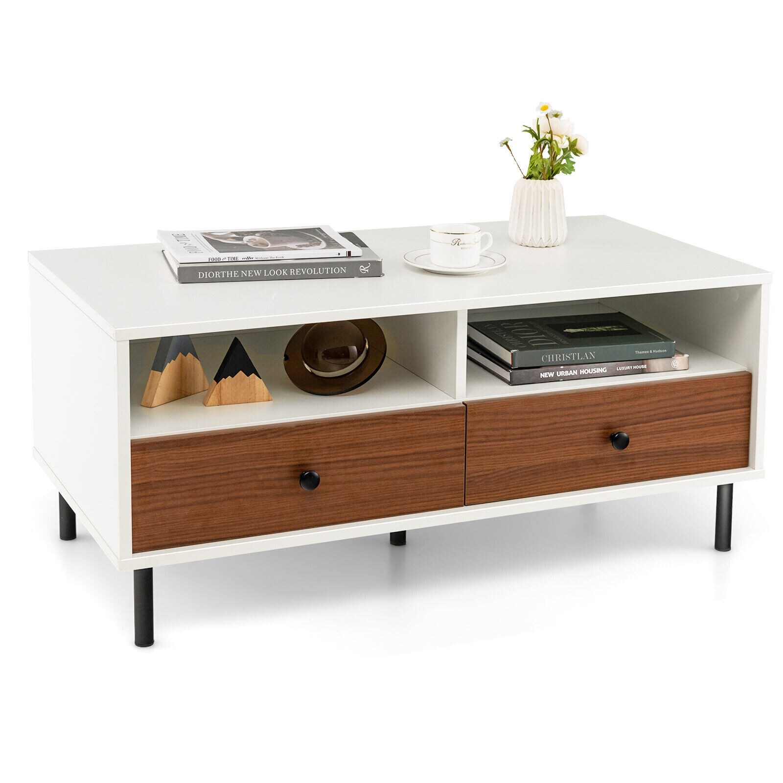 Gymax Coffee Table Modern Rectangle w/ Storage Shelf and Drawers Living