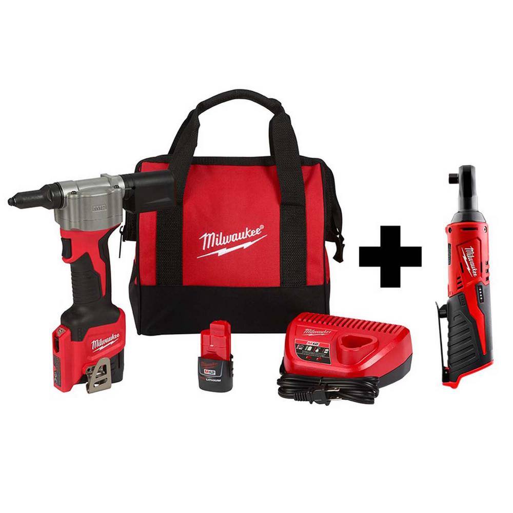 MW M12 12-Volt Lithium-Ion Cordless Rivet Tool Kit with M12 38 in. Ratchet 2550-22-2457-20