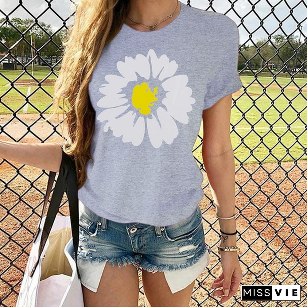 Funny Daisy Printed T-shirts For Women Summer Short Sleeve Round Neck Cute Loose T-shirt Creative Personalized Tops