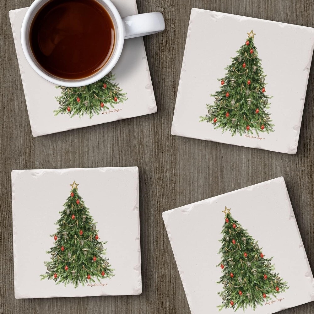 O' Christmas Tree Absorbent Stone Tumbled Tile Coaster 4 Pack with Protective Cork Backing Manufactured in The USA