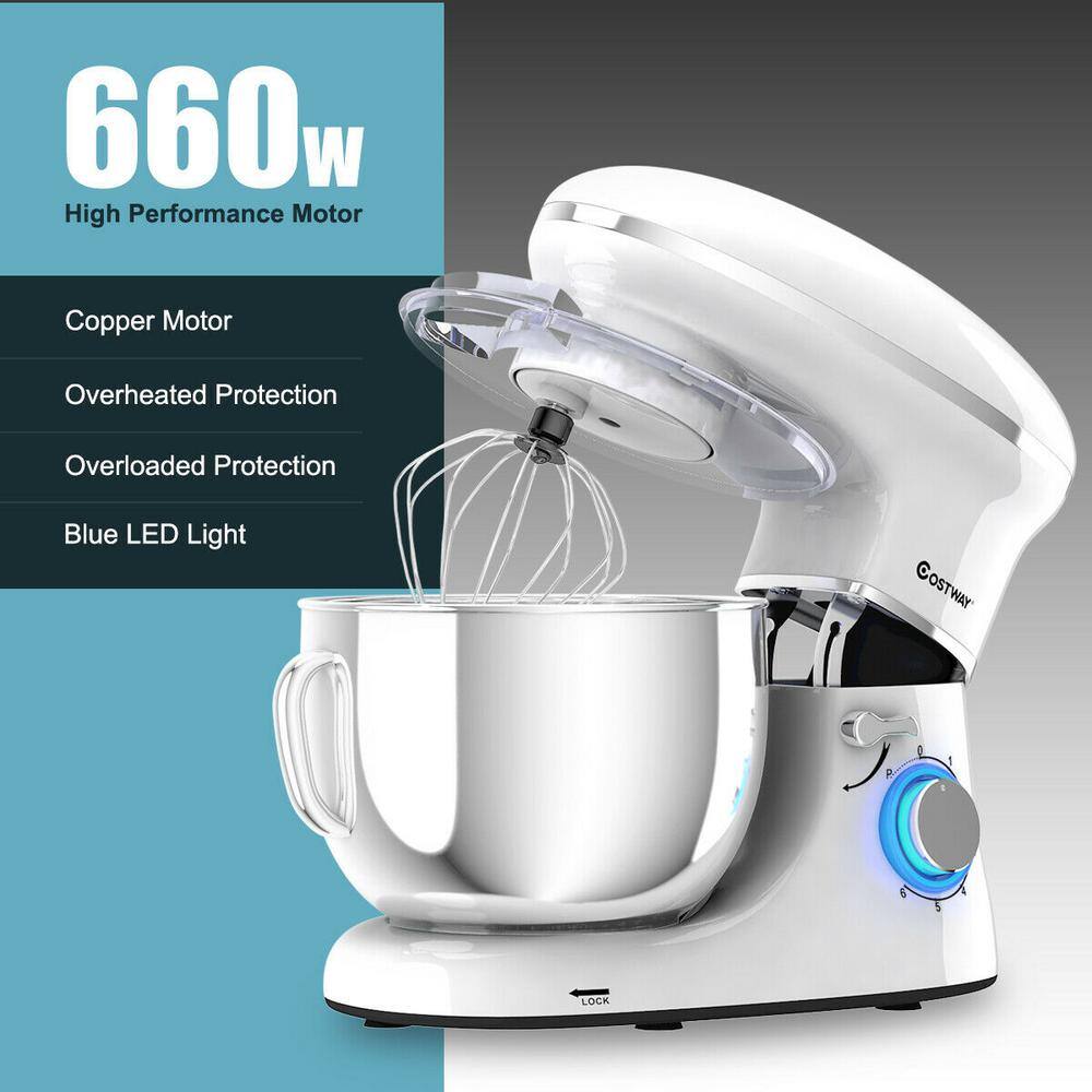 Costway 660W 6.3 qt. . 6-Speed White Stainless Steel Stand Mixer with Dough Hook EP24664WH