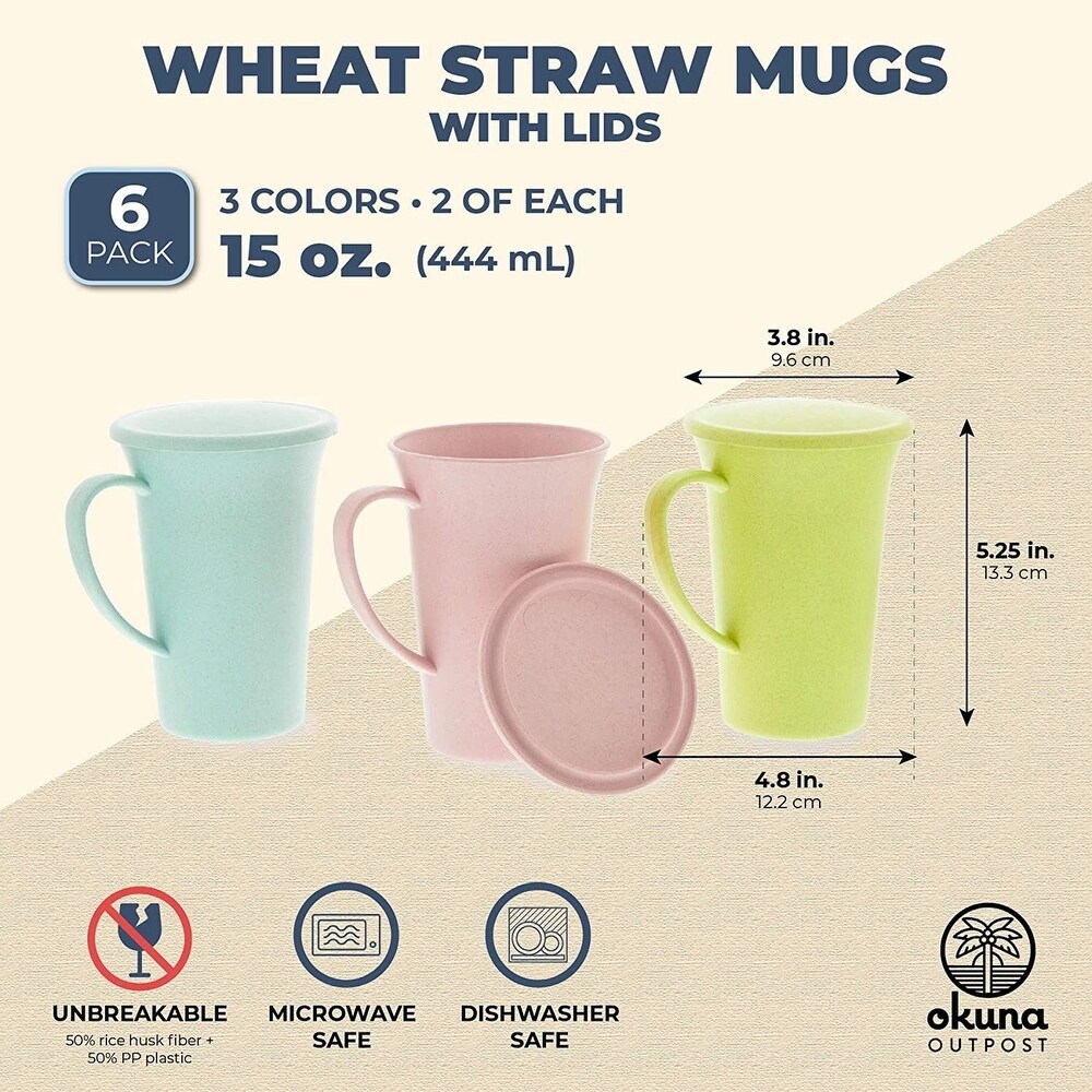 15 oz Wheat Straw Mugs with Handle  Set of 6 Unbreakable Coffee Cups with Lids