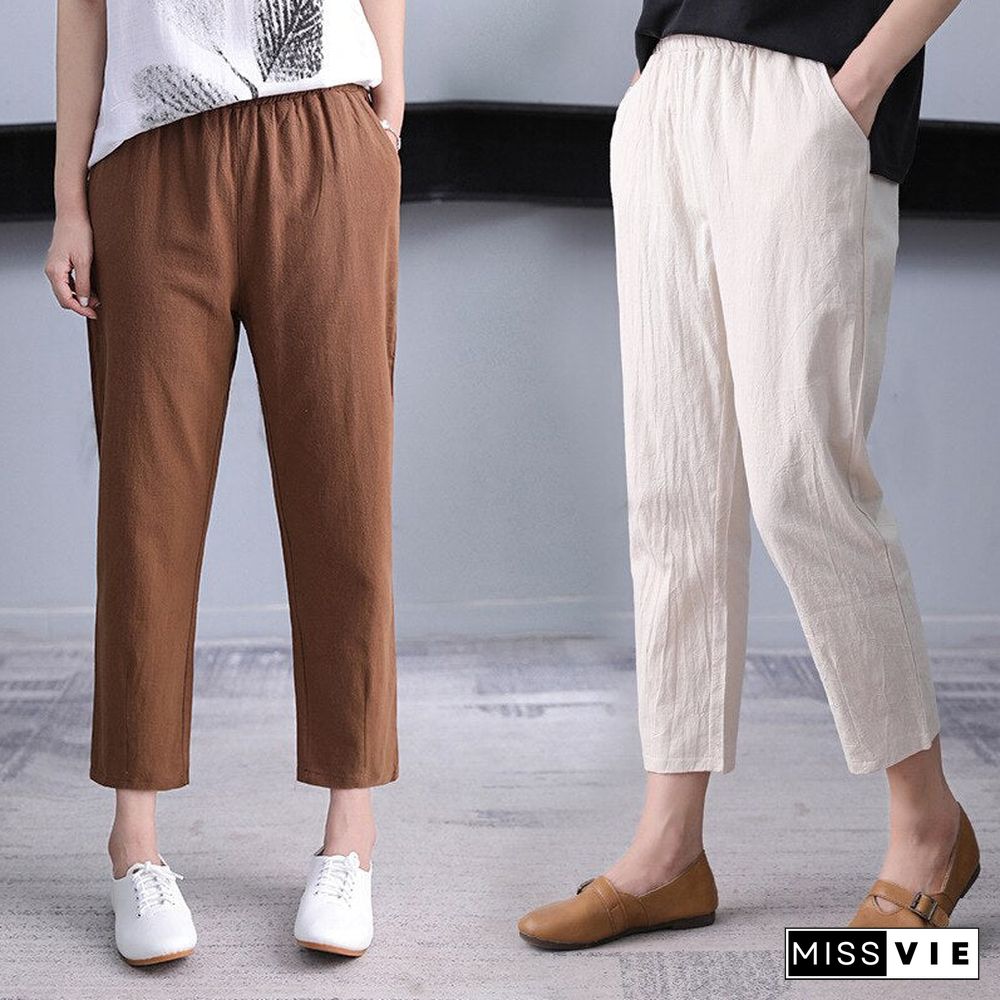 Women's Harem Pants Summer Vintage Cotton Linen Capri Pants Female Casual Loose Plus Size Ankle Length Mom Pant Woman Trousers