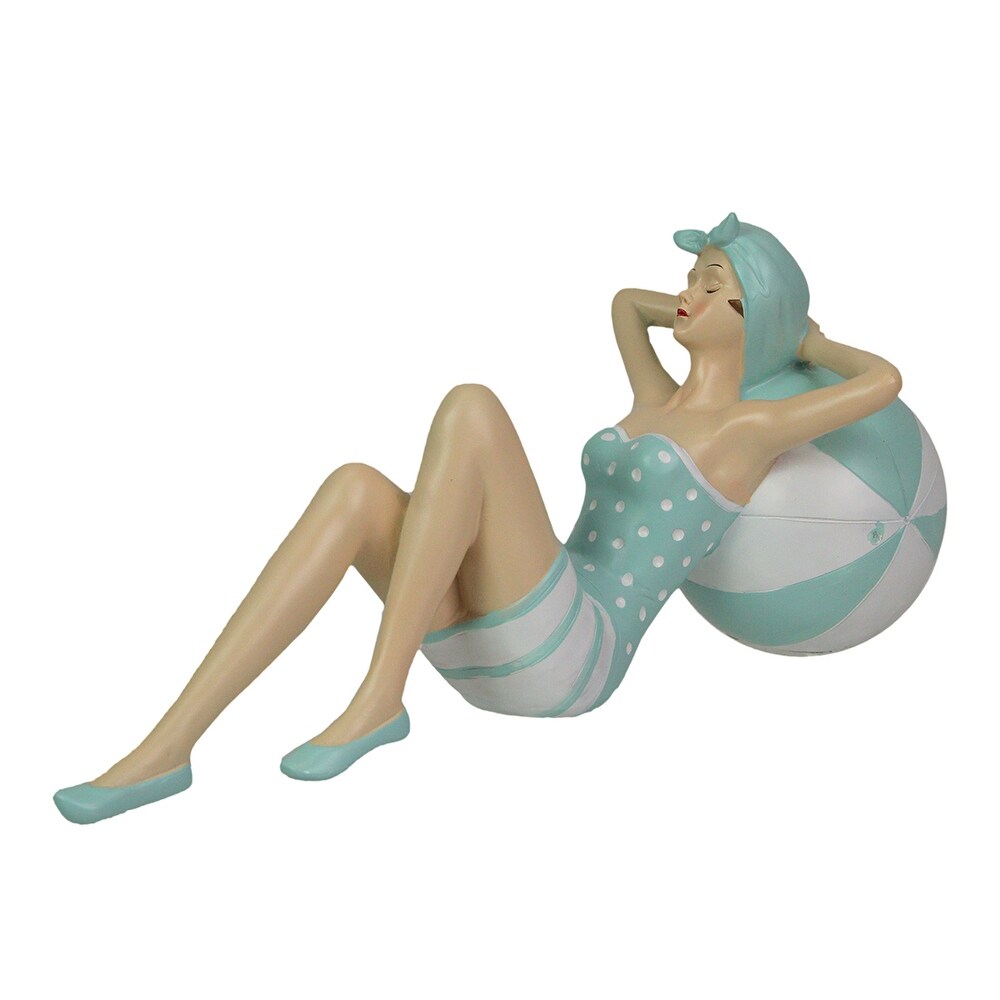 Retro Beach Girl Laying On Beach Ball In Blue Swimsuit Statue   5.5 X 11.75 X 5 inches