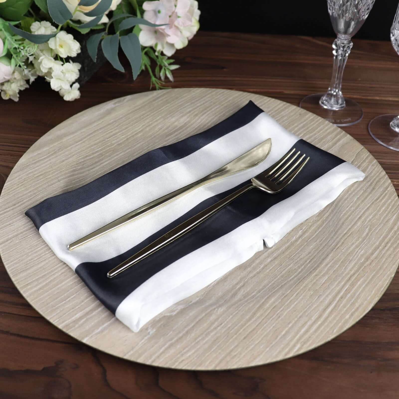 5 Pack Black and White Striped Satin Cloth Dinner Napkins 20