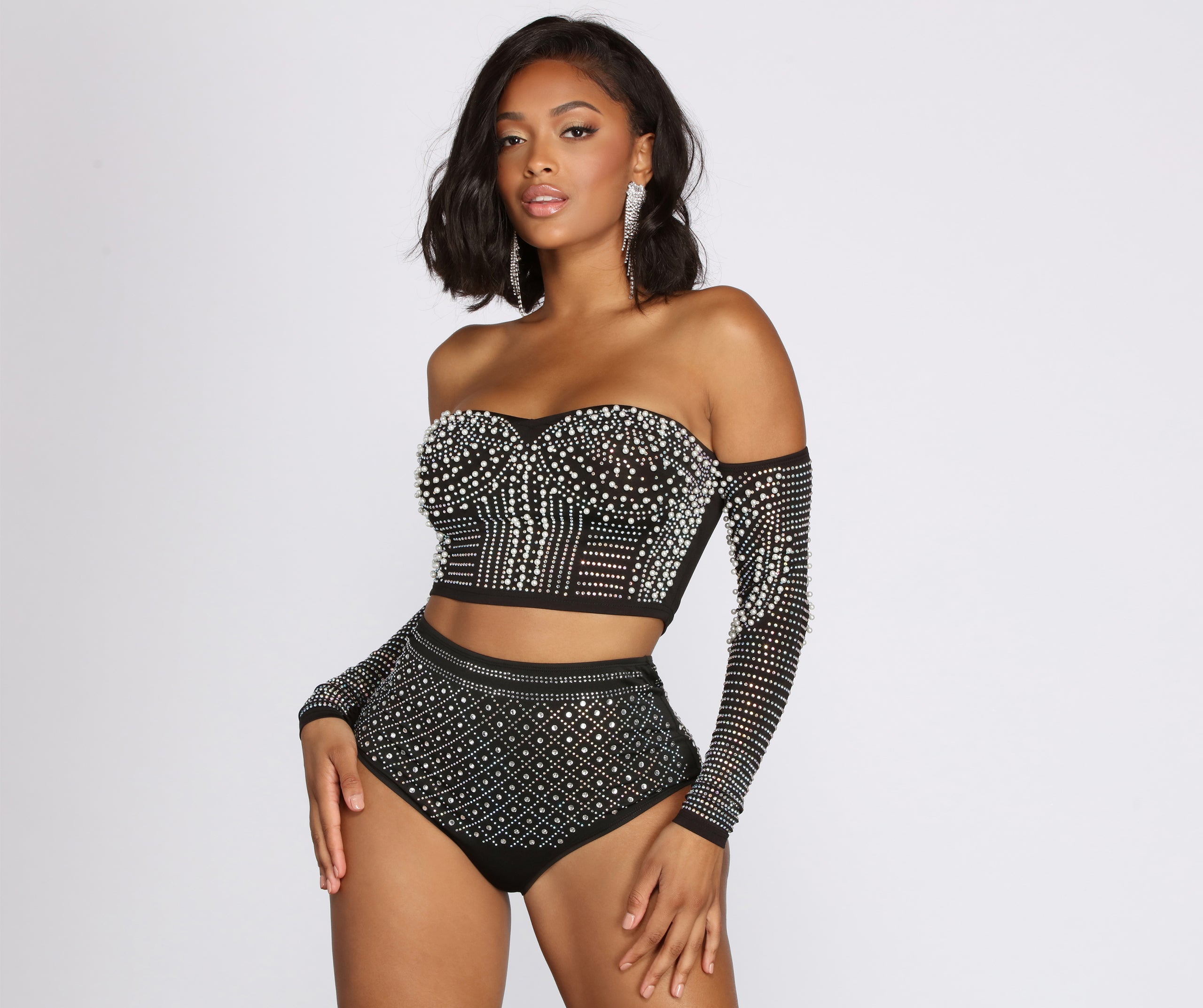 Beautifully Beaded Rhinestone And Pearl Crop Top