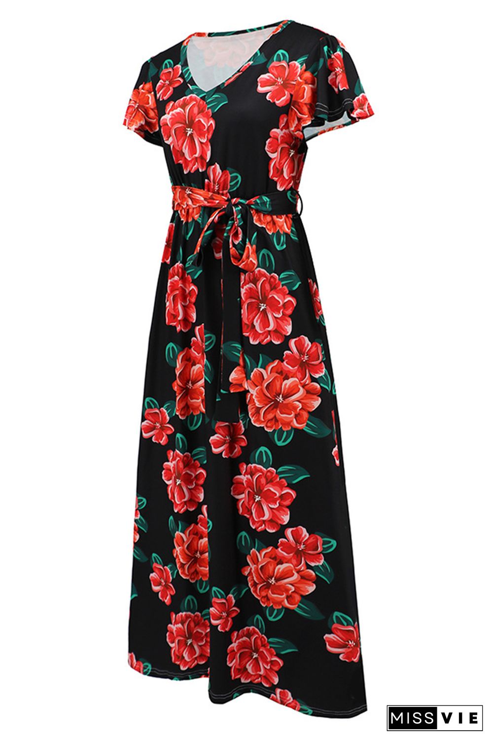 V Neck Short Sleeves Floral Maxi Dress