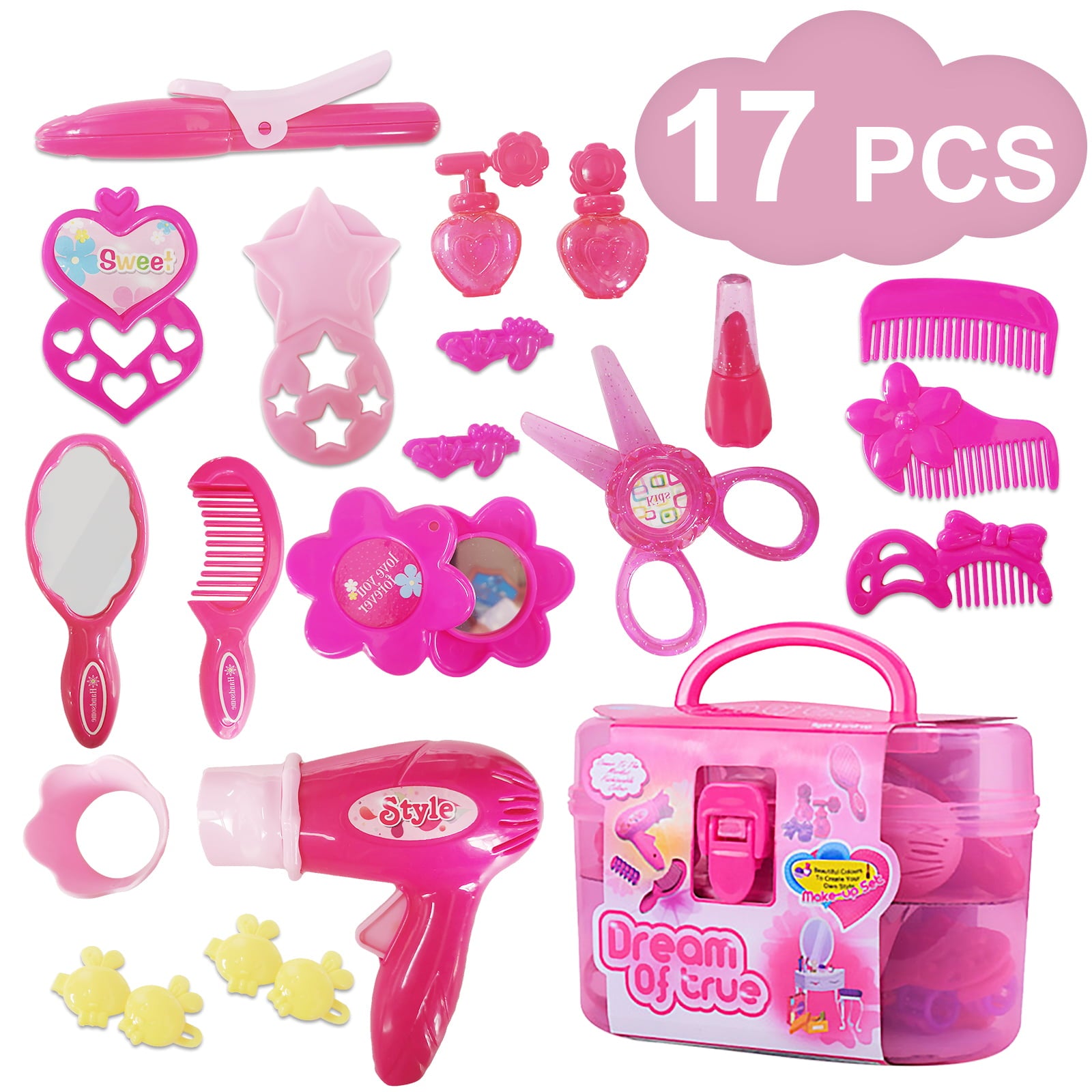 Little Girl Makeup Kit Pretend Play Hair Station with Case Kids Beauty Salon Set Toys， Hairdryer， Brush，Mirror and Styling(17pcs) Toy for little girl 1 2 3 4 Years Old