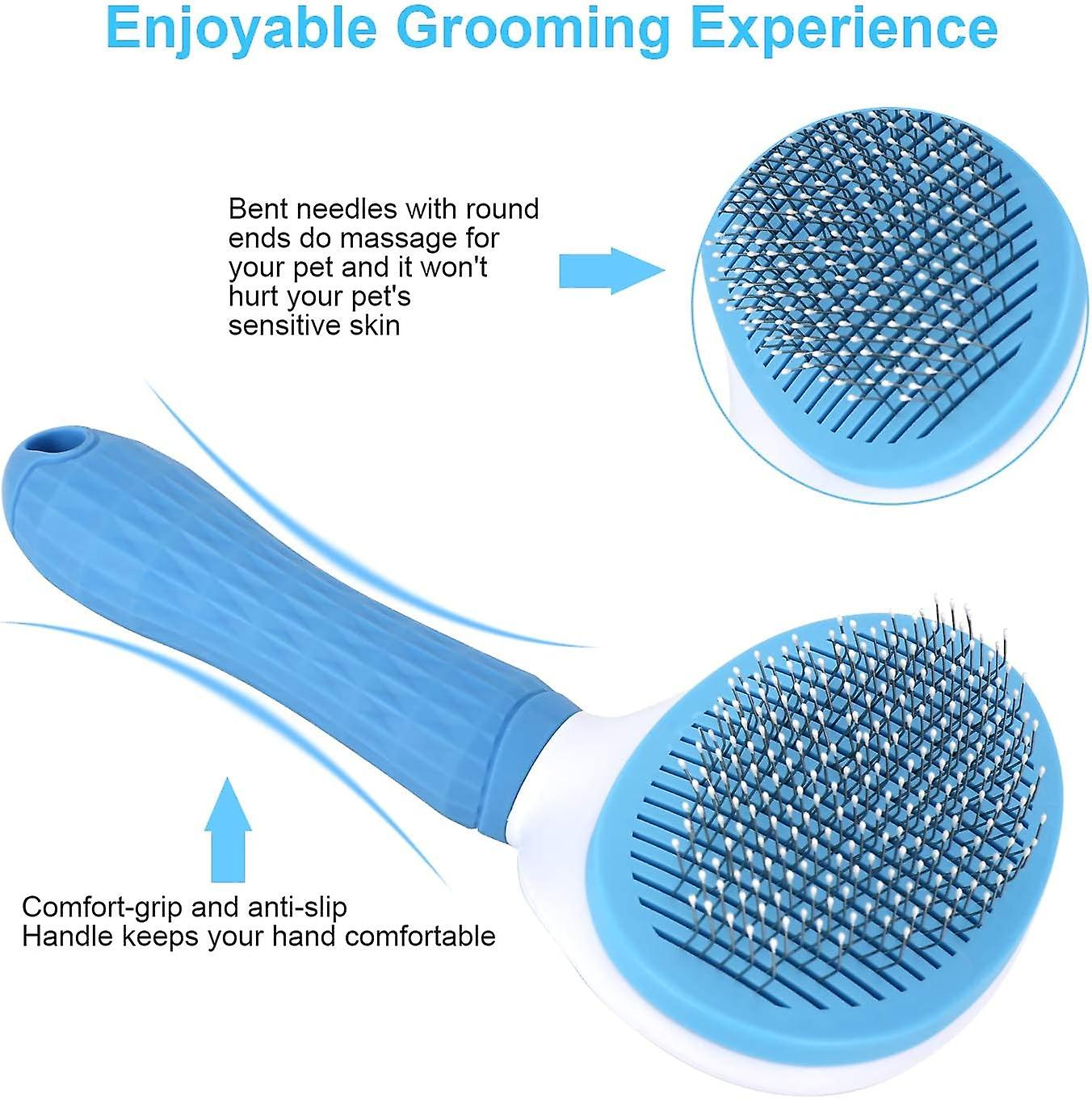 Self Cleaning Slicker Brush， Dog Cat Bunny Pet Grooming Shedding Brush - Easy To Remove Loose Undercoat， Pet Massaging Tool -blue