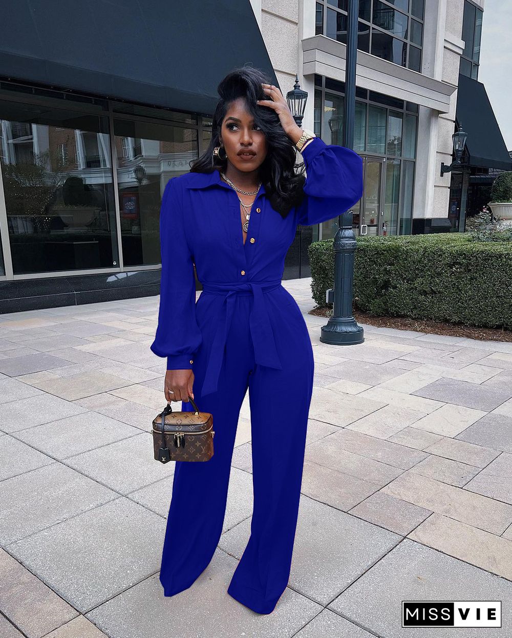 Solid Turn Down Collar Wide Leg Jumpsuit With Belt