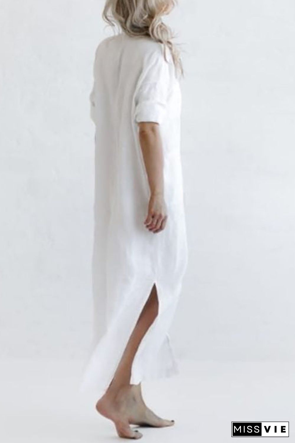 Linen Button Pockets Shirt Maxi Dress