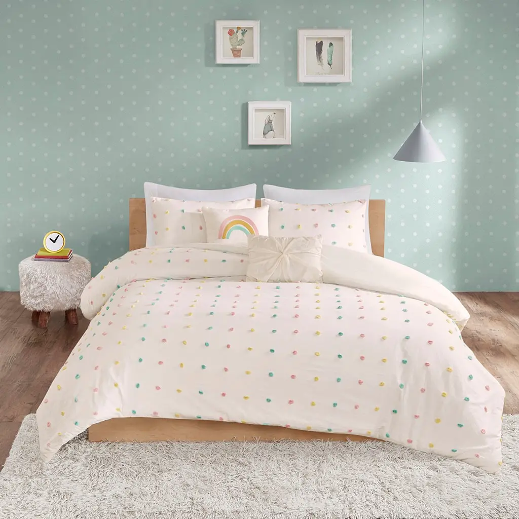 White and Multi Color Pom-Pom Full Callie 5 Piece Bedding Collection